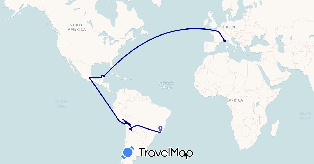 TravelMap itinerary: driving in Bolivia, Brazil, France, Mexico, Peru (Europe, North America, South America)